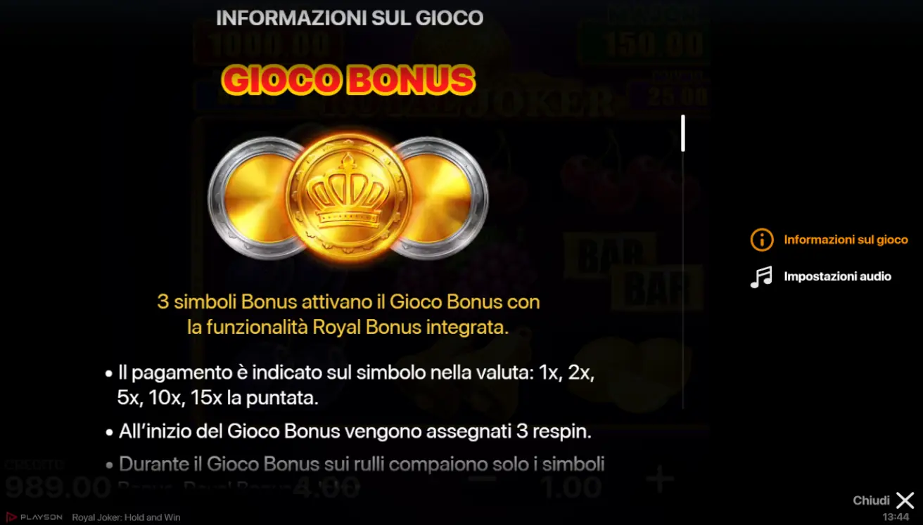 Gioco bonus Royal Joker Hold and Win con monete bonus, respin e moltiplicatori.