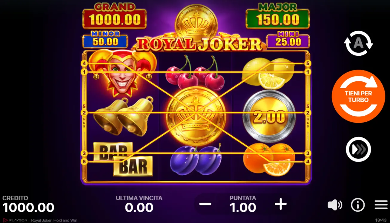 Royal Joker Hold and Win gameplay con rulli, simboli classici e linee di pagamento attive.